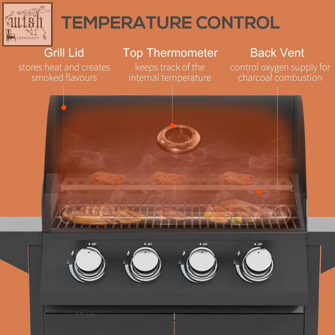 Black gas bbq grill with transparent lid four knobs piezo ignition warming rack and built-in thermometer for outdoor cooking