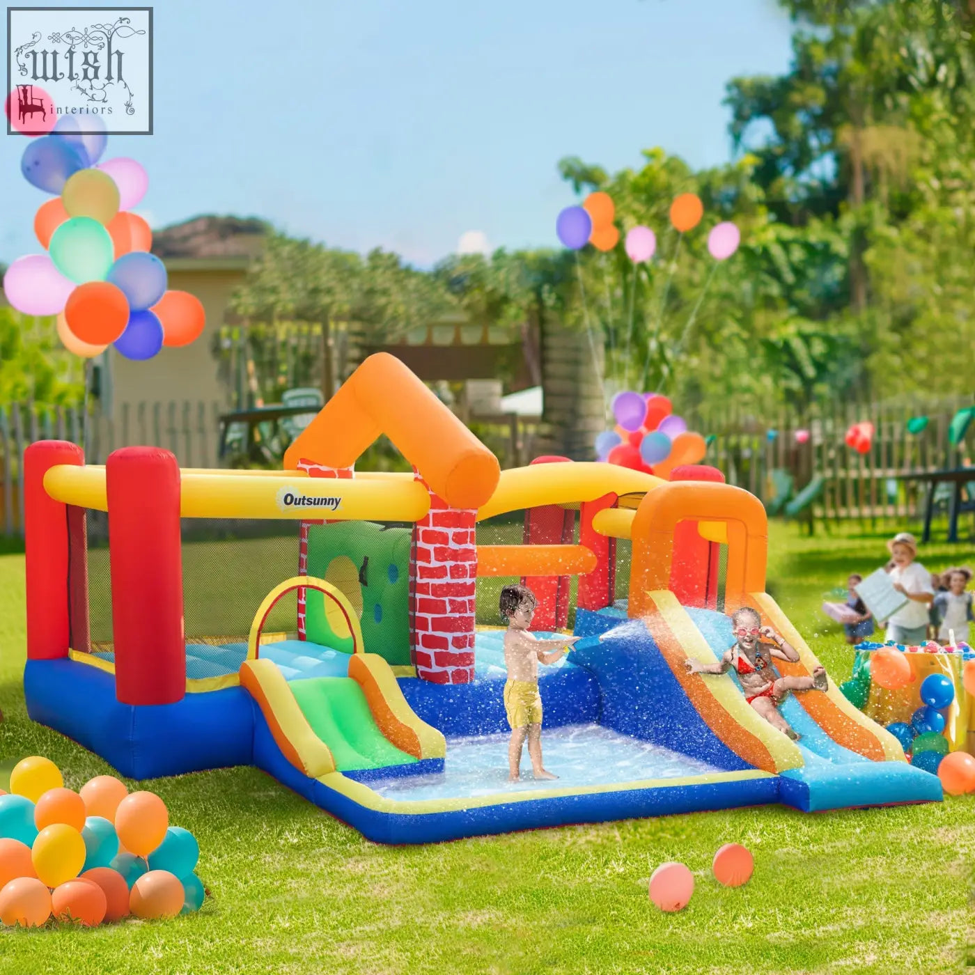 Colorful outsunny inflatable castle with double slides splash zone and ground stakes for kids aged 3 to 8