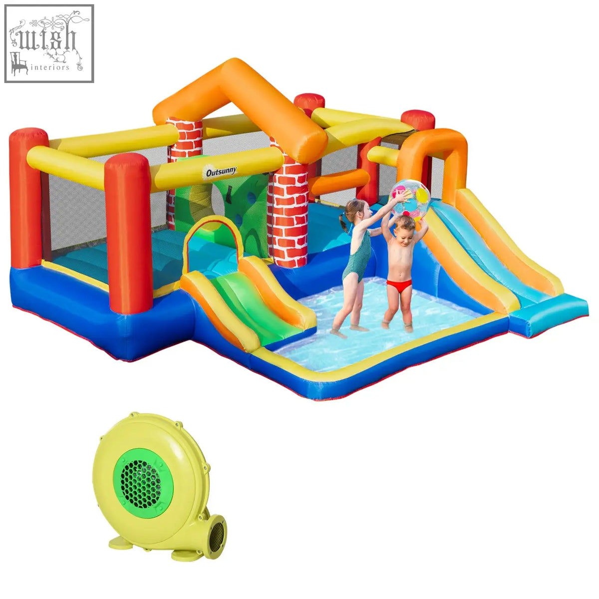 Vibrant orange yellow and blue outsunny inflatable castle with double slides trampoline and ground stakes for kids fun