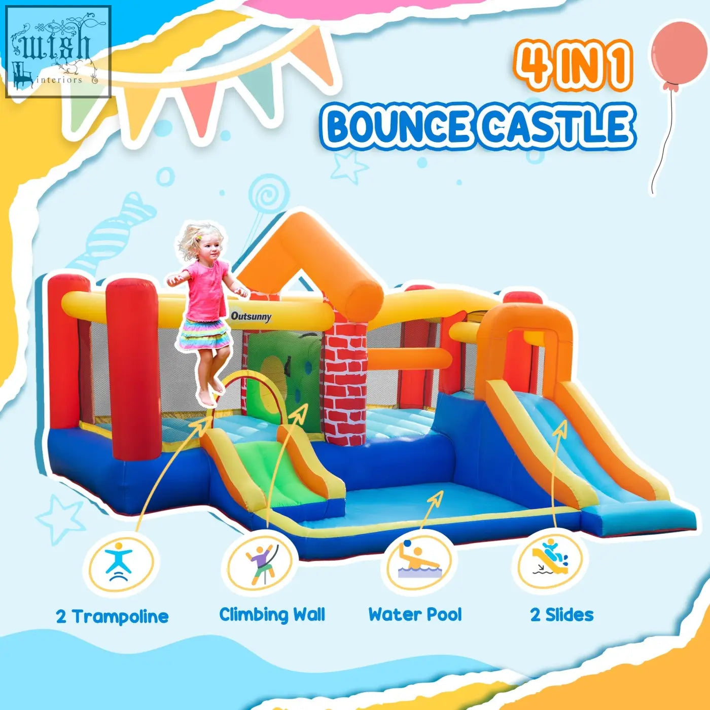 Vibrant orange blue and red outsunny inflatable castle with double slides trampoline climbing wall and ground stakes for kids