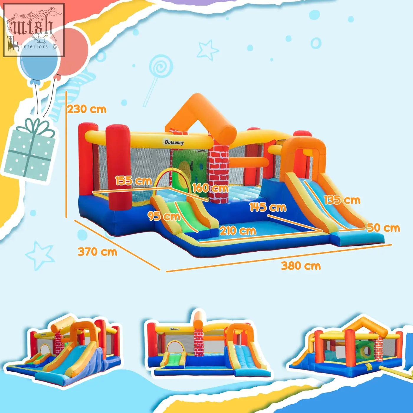 Vibrant inflatable bouncy castle with red orange yellow blue slide tunnel and brick design includes ground stakes for safety