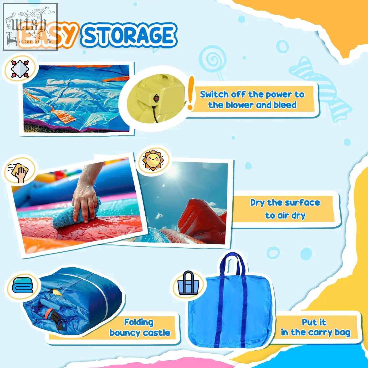 Blue folding inflatable bouncy castle with ground stakes and carrying bag for kids ages 3 to 8