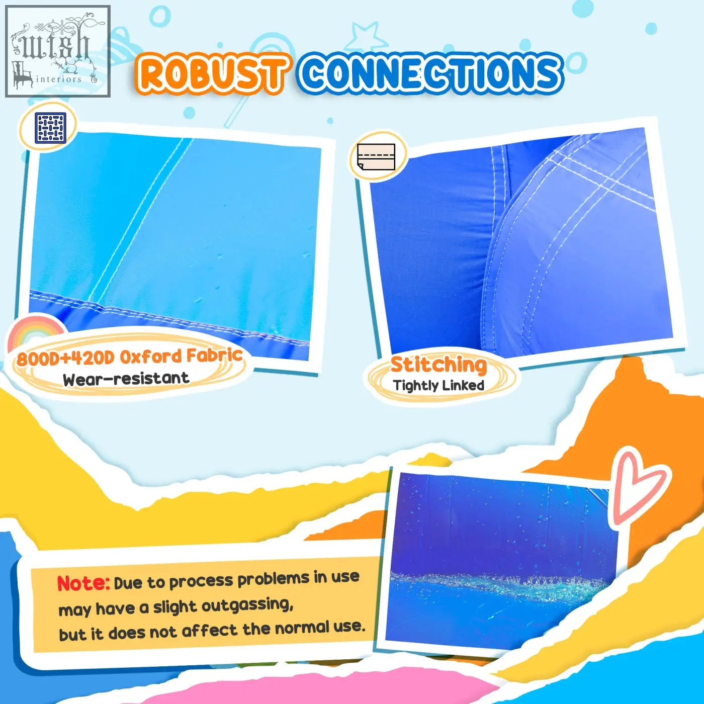 Blue inflatable castle made of durable 800d oxford fabric with reinforced stitching and ground stakes for stability