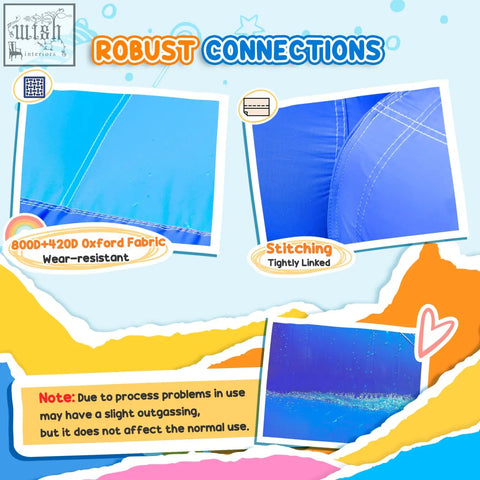 Blue inflatable castle made of durable 800d oxford fabric with reinforced stitching and ground stakes for stability