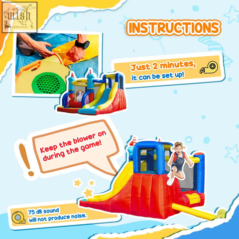 Red and blue inflatable outsunny bouncy castle with yellow slide climbing wall and ground stakes for kids 3-8 years