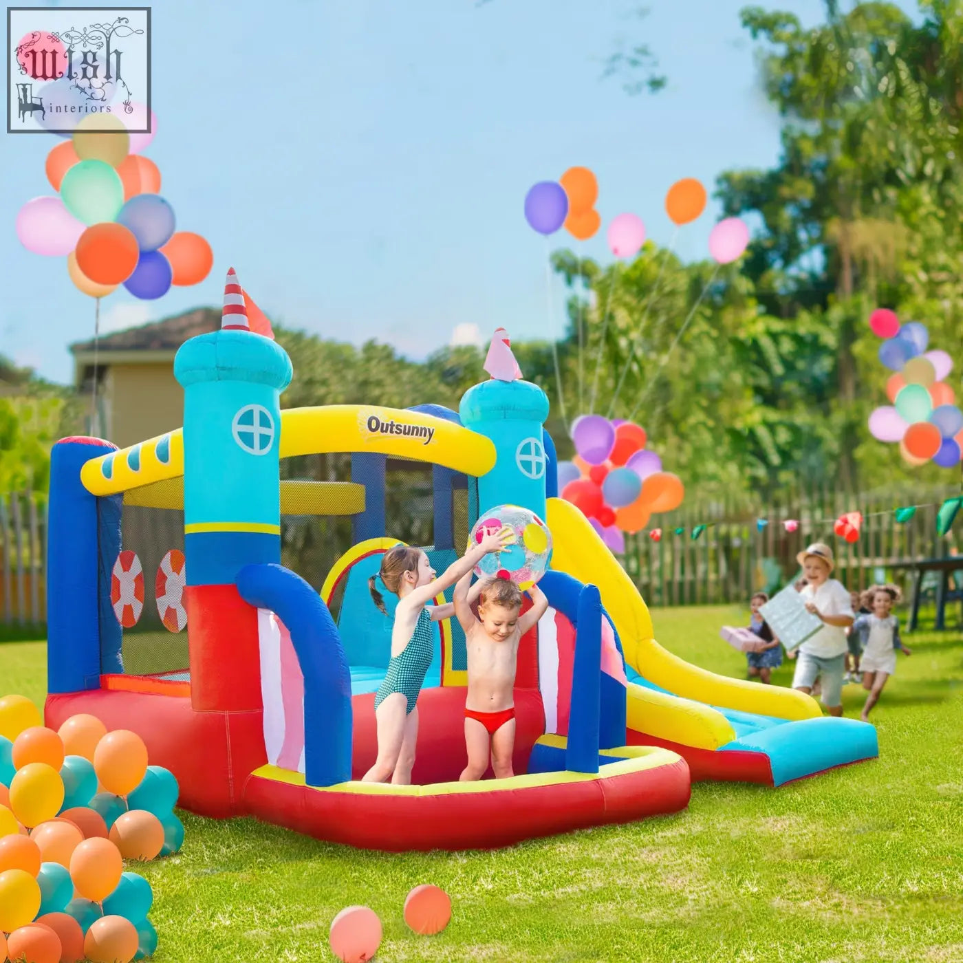 Colorful outsunny 4 in 1 bouncy castle with climbing wall slide and pool features for kids with ground stakes