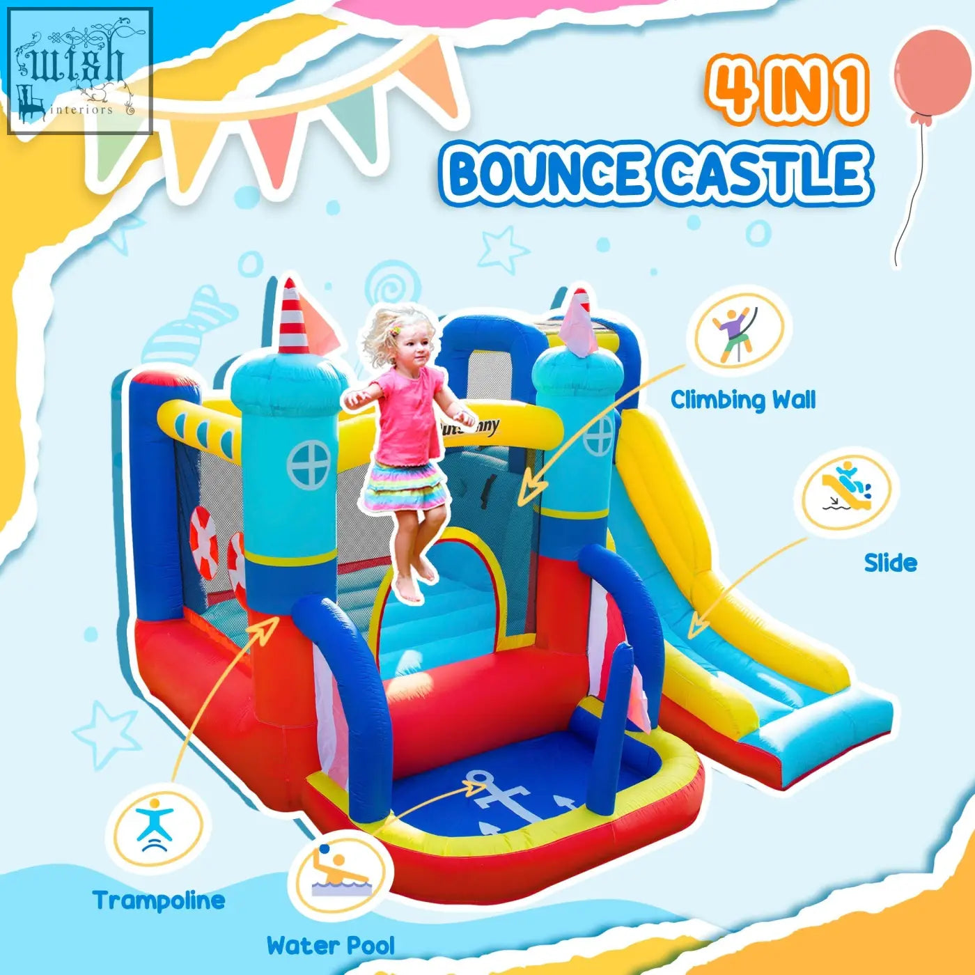 Outsunny brightly colored inflatable bouncy castle with climbing wall slide trampoline and water pool for kids 3-8
