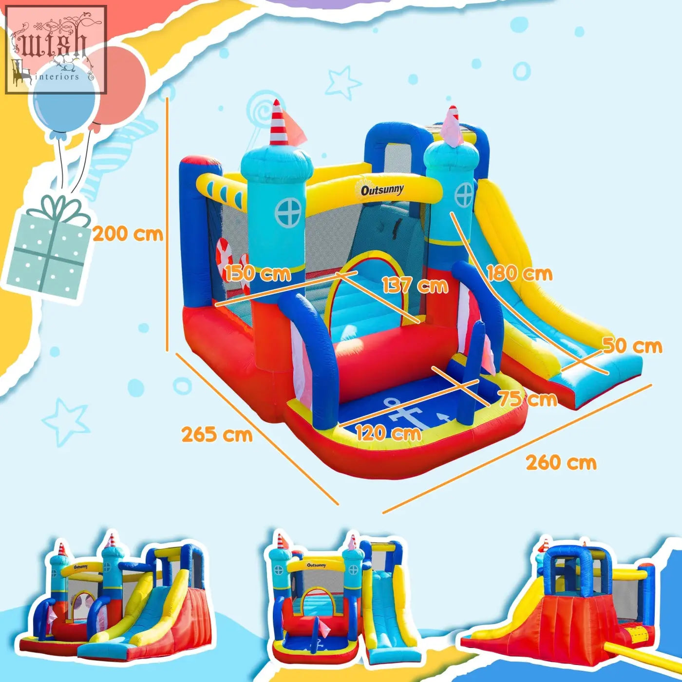Colorful outsunny 4 in 1 bouncy castle with climbing wall and slides featuring ground stakes for kids 3 to 8 years