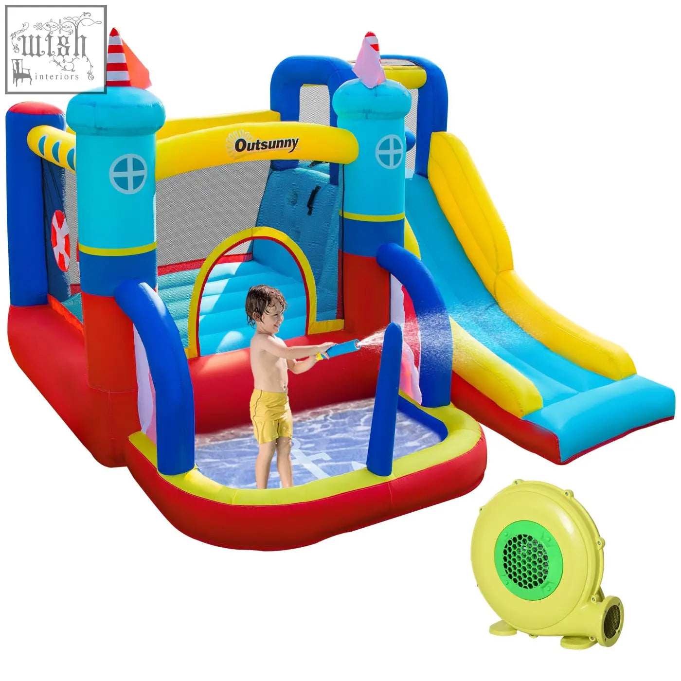 Colorful outsunny 4 in 1 kids bouncy castle inflatable with climbing wall slide and pool in blue red and yellow with ground stakes