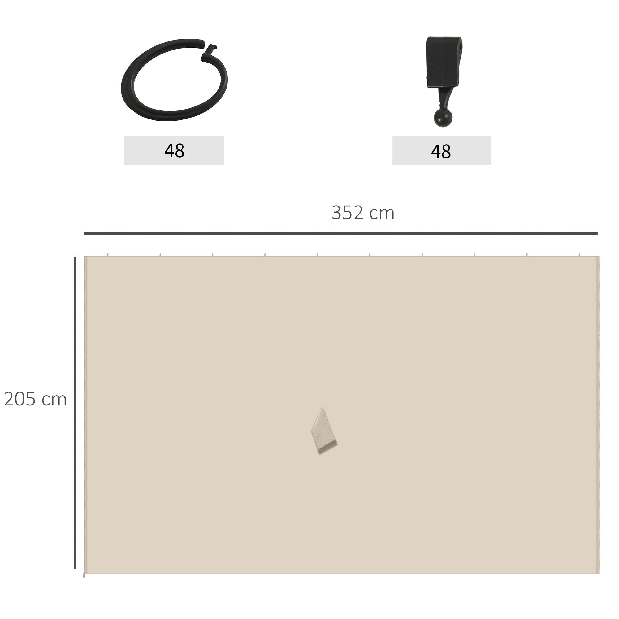Beige sheer curtain with black metal hooks and clips for gazebo frame replacement privacy panel outdoor use