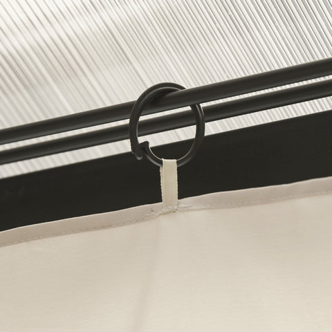 Black plastic curtain ring with white fabric tab securing cream gazebo curtain to black rod for gazebo frame use