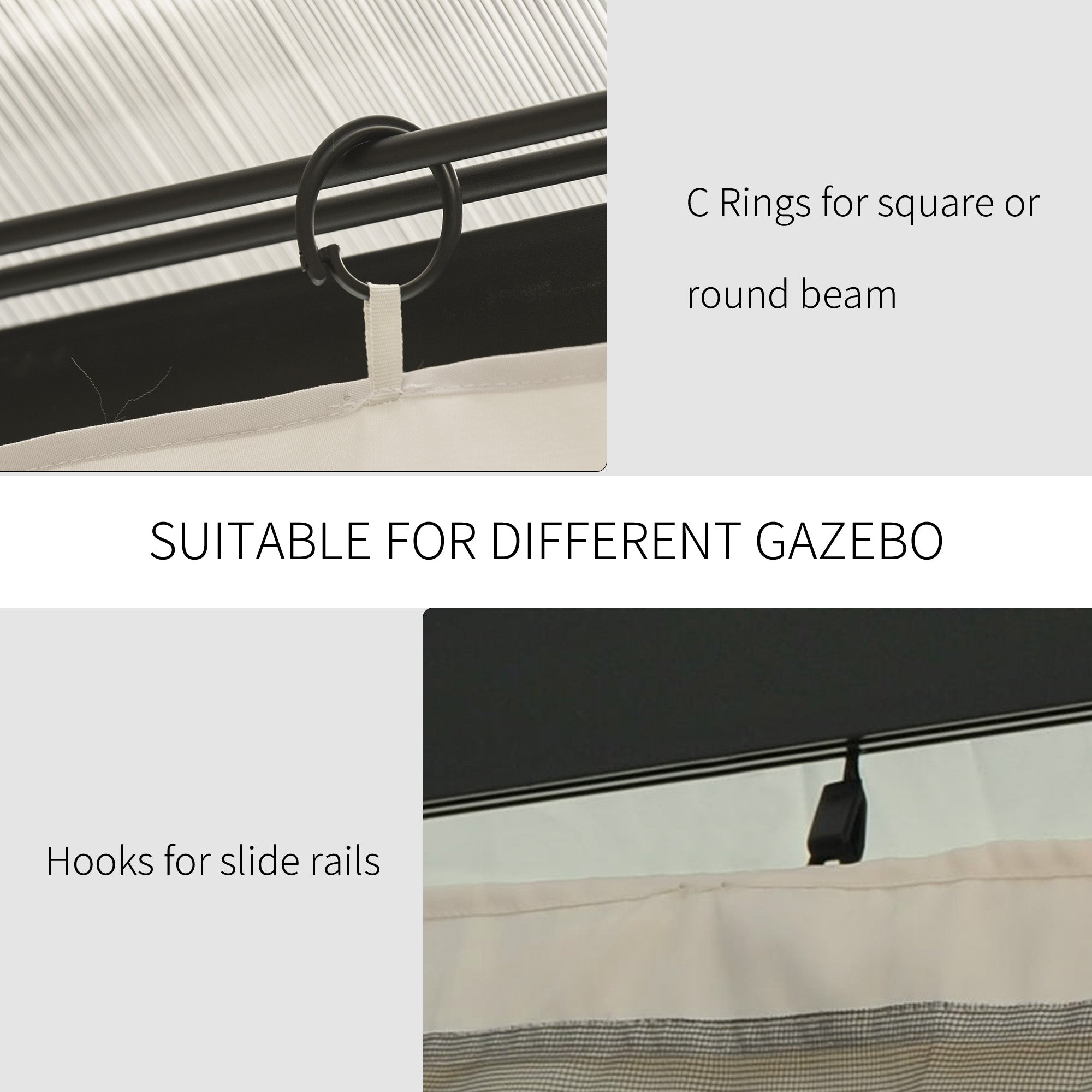 Black c-shaped rings for securing beige Outsunny gazebo curtains to square or round beams of a gazebo frame