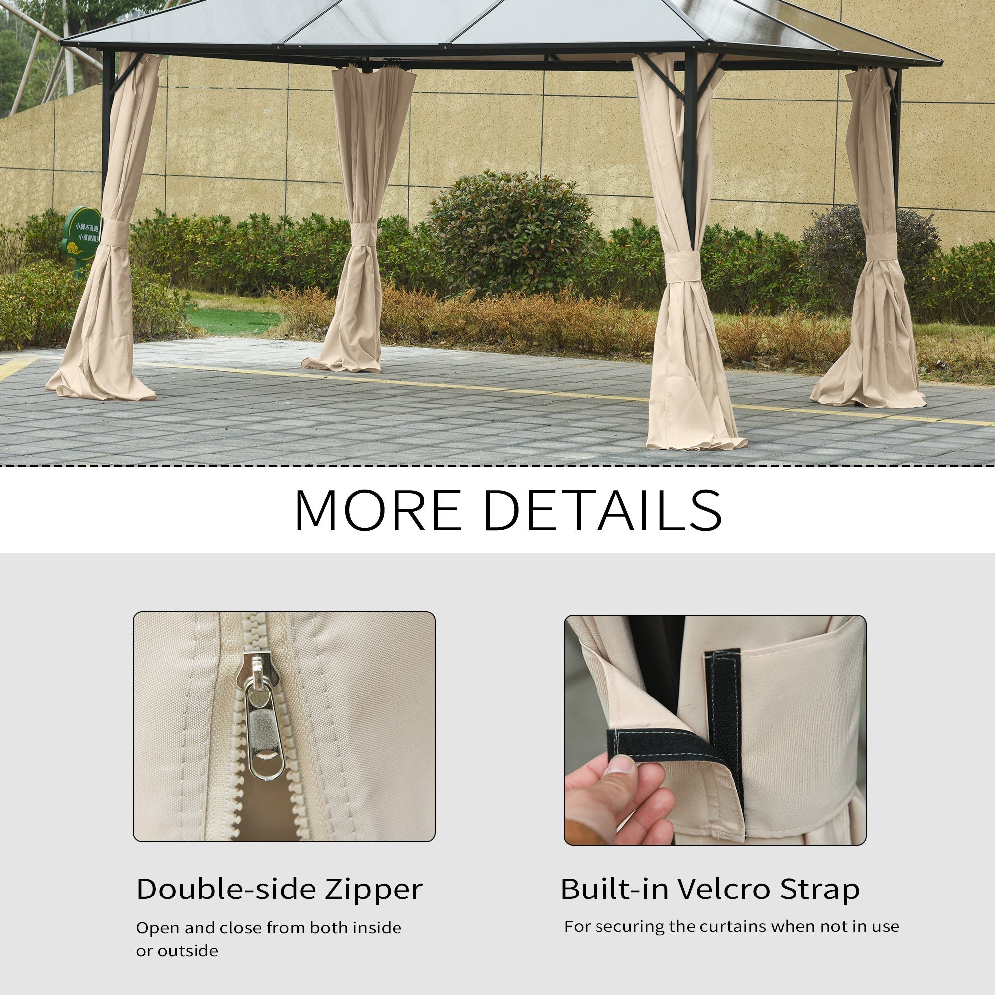 Beige fabric gazebo curtains with black trim and velcro strap attached to metal gazebo frame for outdoor privacy panel