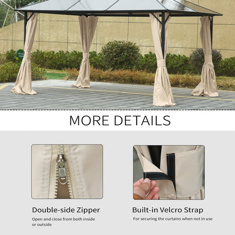 Beige fabric gazebo curtains with black trim and velcro strap attached to metal gazebo frame for outdoor privacy panel