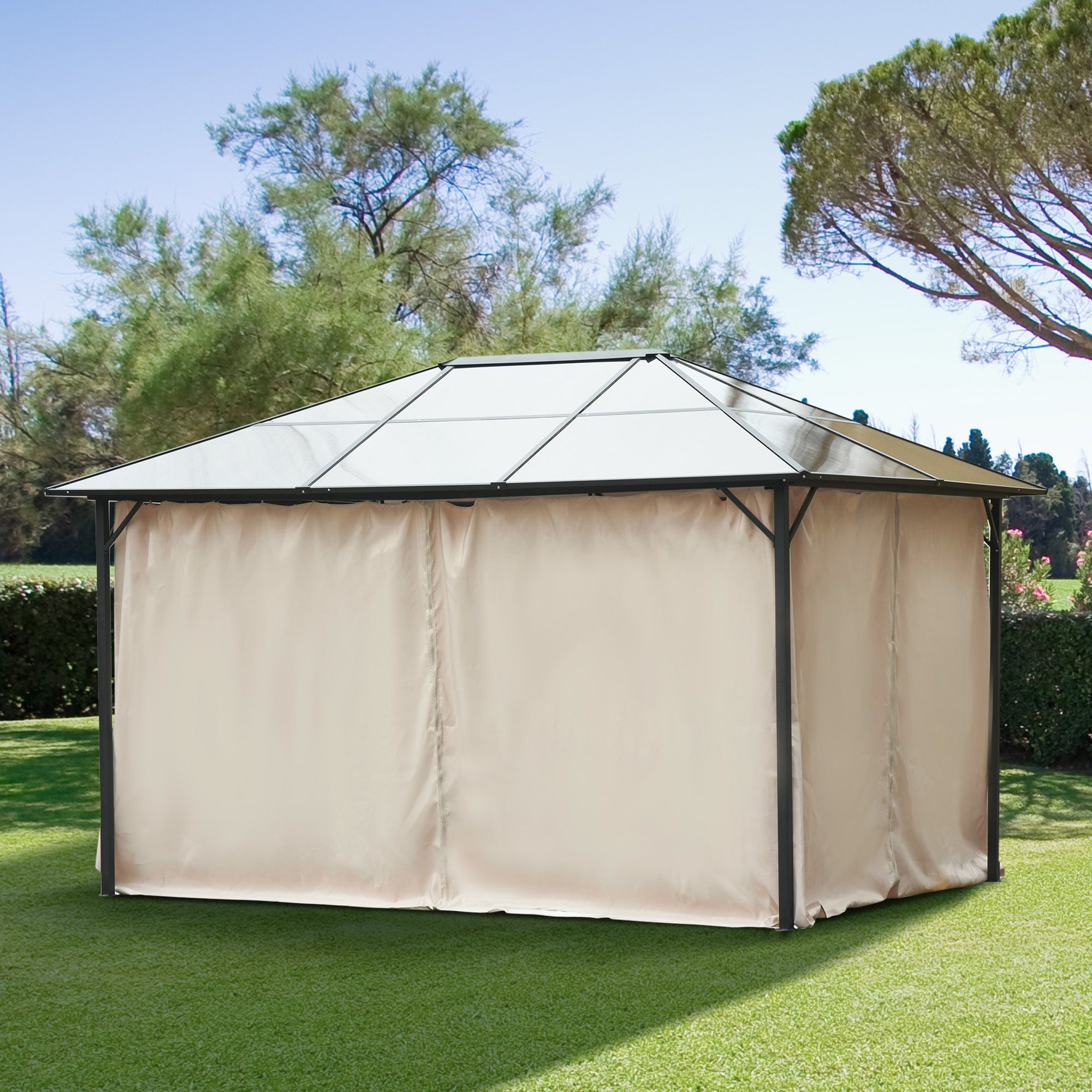 Beige fabric-sided gazebo with black metal gazebo frame and translucent roof panels for outdoor shelter use