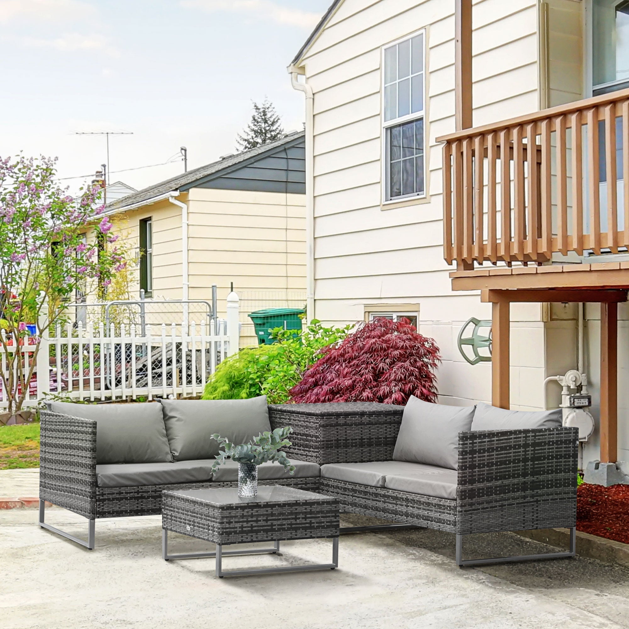 Outsunny 4 PCs Garden Rattan Wicker Outdoor Furniture Patio Corner Sofa Love Seat and Table Set  with Cushions Side Desk Storage - Mixed Grey