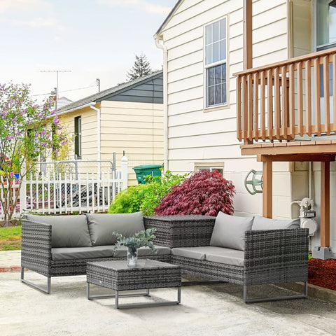 Outsunny 4 PCs Garden Rattan Wicker Outdoor Furniture Patio Corner Sofa Love Seat and Table Set  with Cushions Side Desk Storage - Mixed Grey