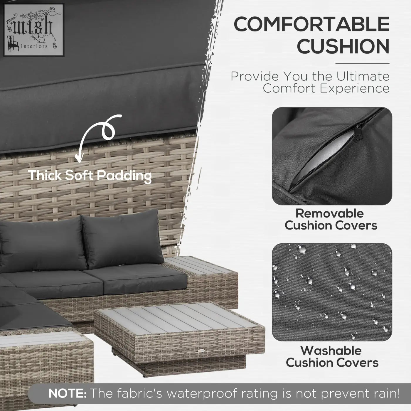 Outsunny 4 pcs light grey rattan corner sofa and coffee table set with two loveseats and thick black cushions