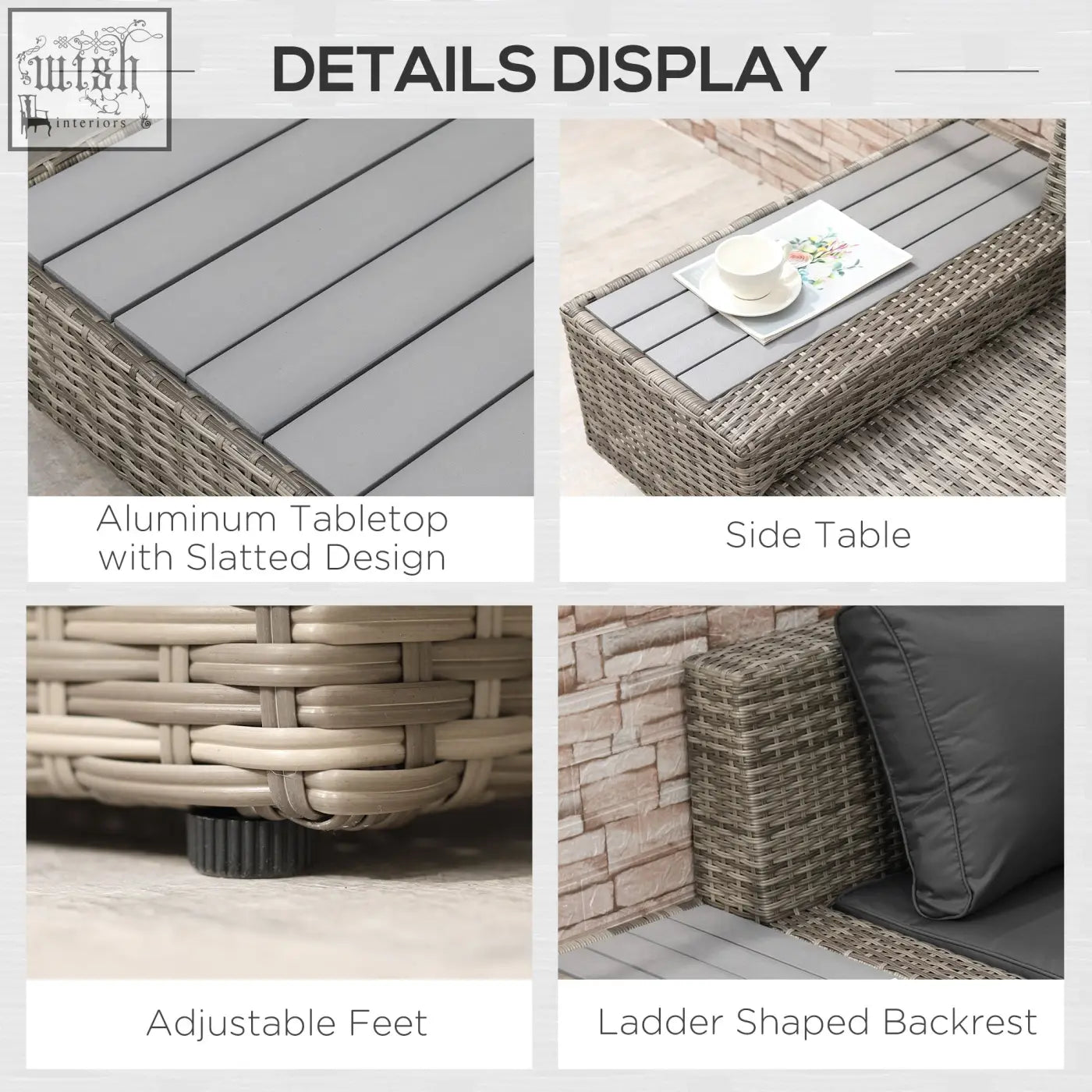 Gray woven wicker coffee table with slatted aluminum top and adjustable feet in outsunny outdoor corner sofa set