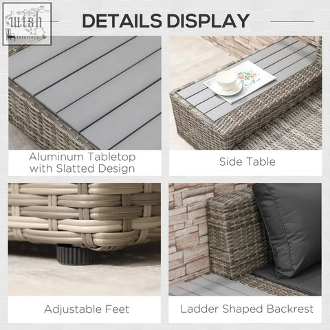 Gray woven wicker coffee table with slatted aluminum top and adjustable feet in outsunny outdoor corner sofa set