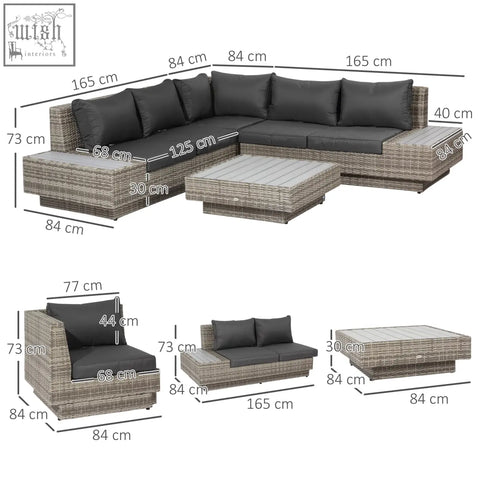 Outsunny gray woven wicker outdoor corner sofa set with two loveseats black cushions and matching coffee table