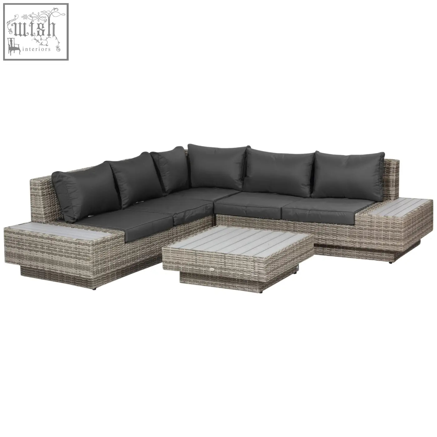 Light grey outsunny corner sofa set with gray woven wicker two loveseats and matching coffee table for outdoors