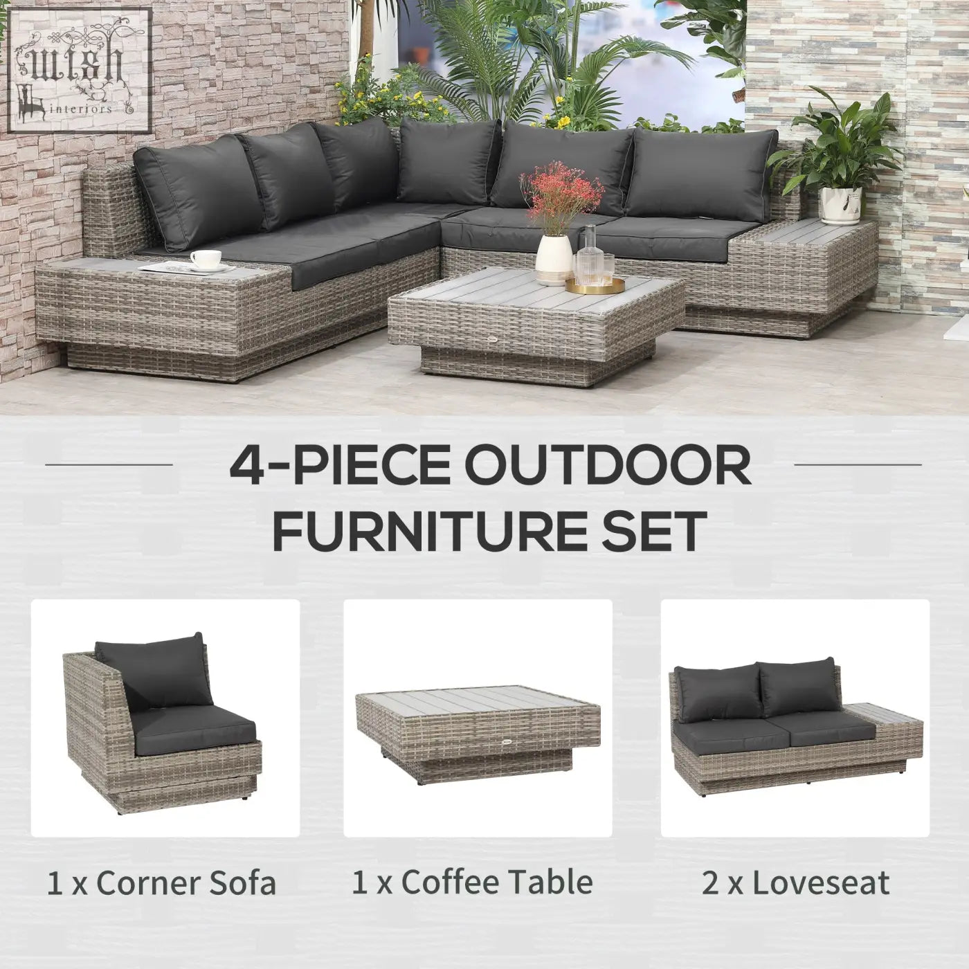 Gray woven wicker outdoor corner sofa set with two loveseats and coffee table featuring black cushions