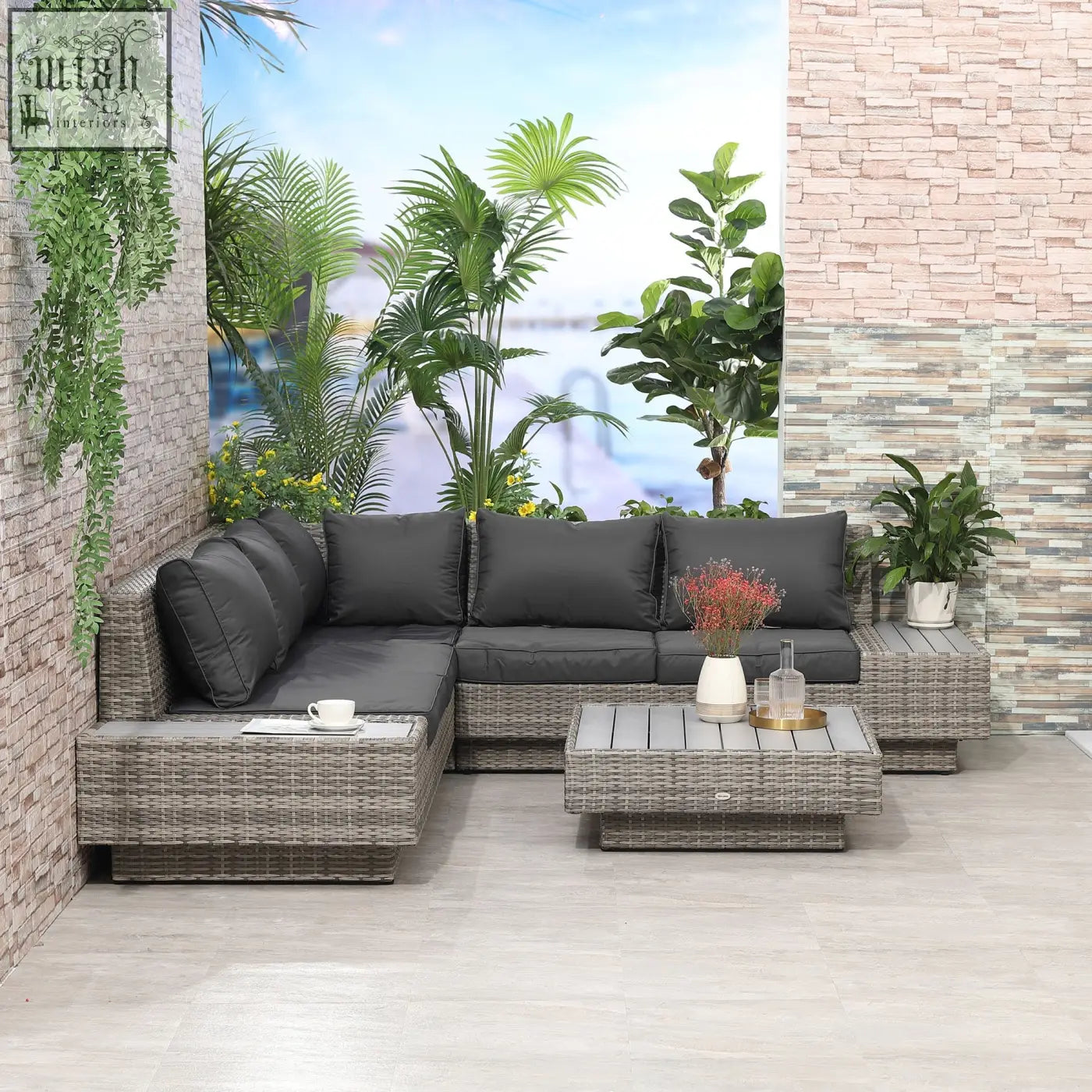 Gray woven wicker outdoor corner sofa set with two loveseats coffee table and side table by outsunny