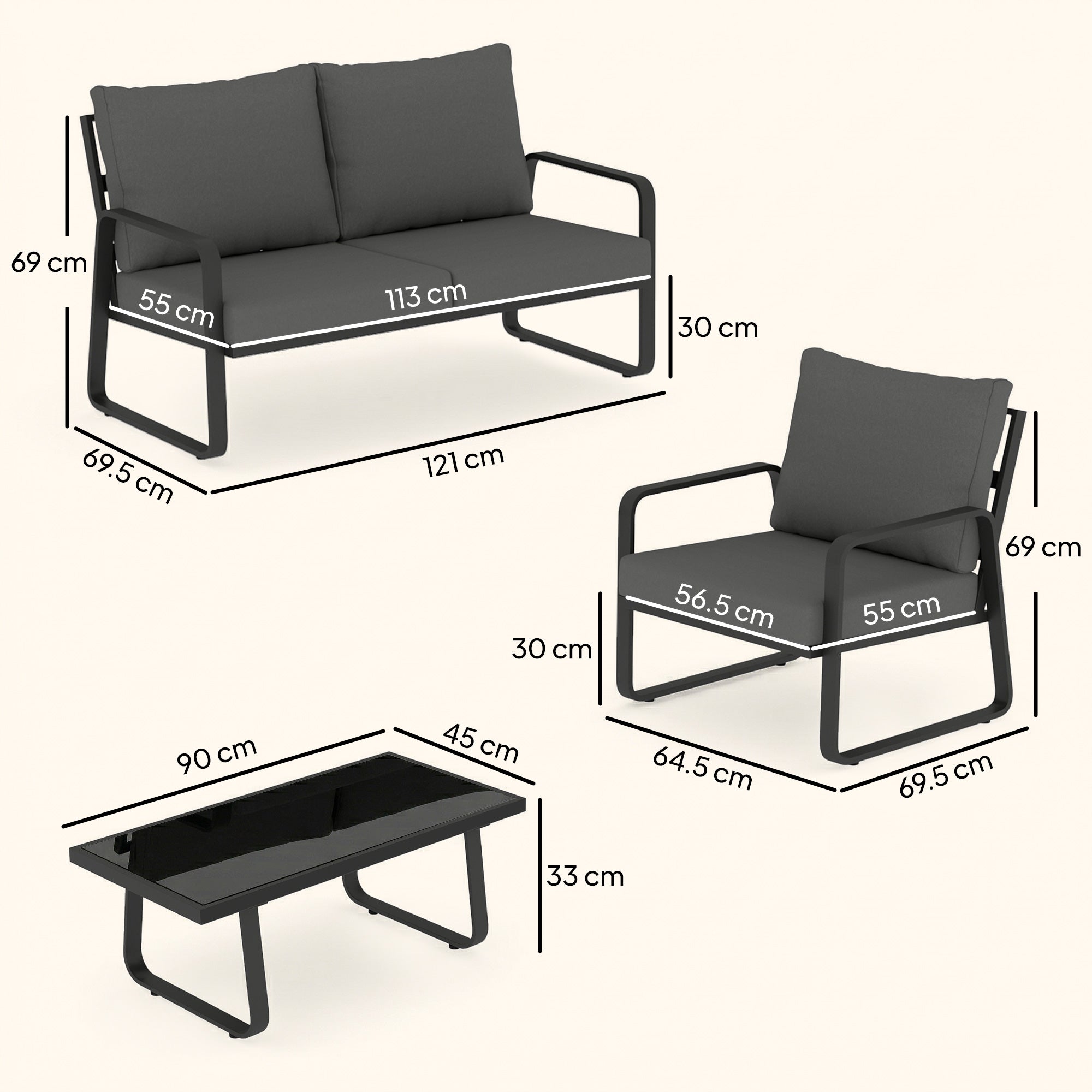 Outsunny 4 piece garden furniture sofa set with black metal frame dark gray cushions and glass top coffee table