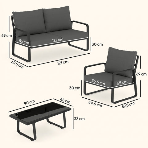 Outsunny 4 piece garden furniture sofa set with black metal frame dark gray cushions and glass top coffee table