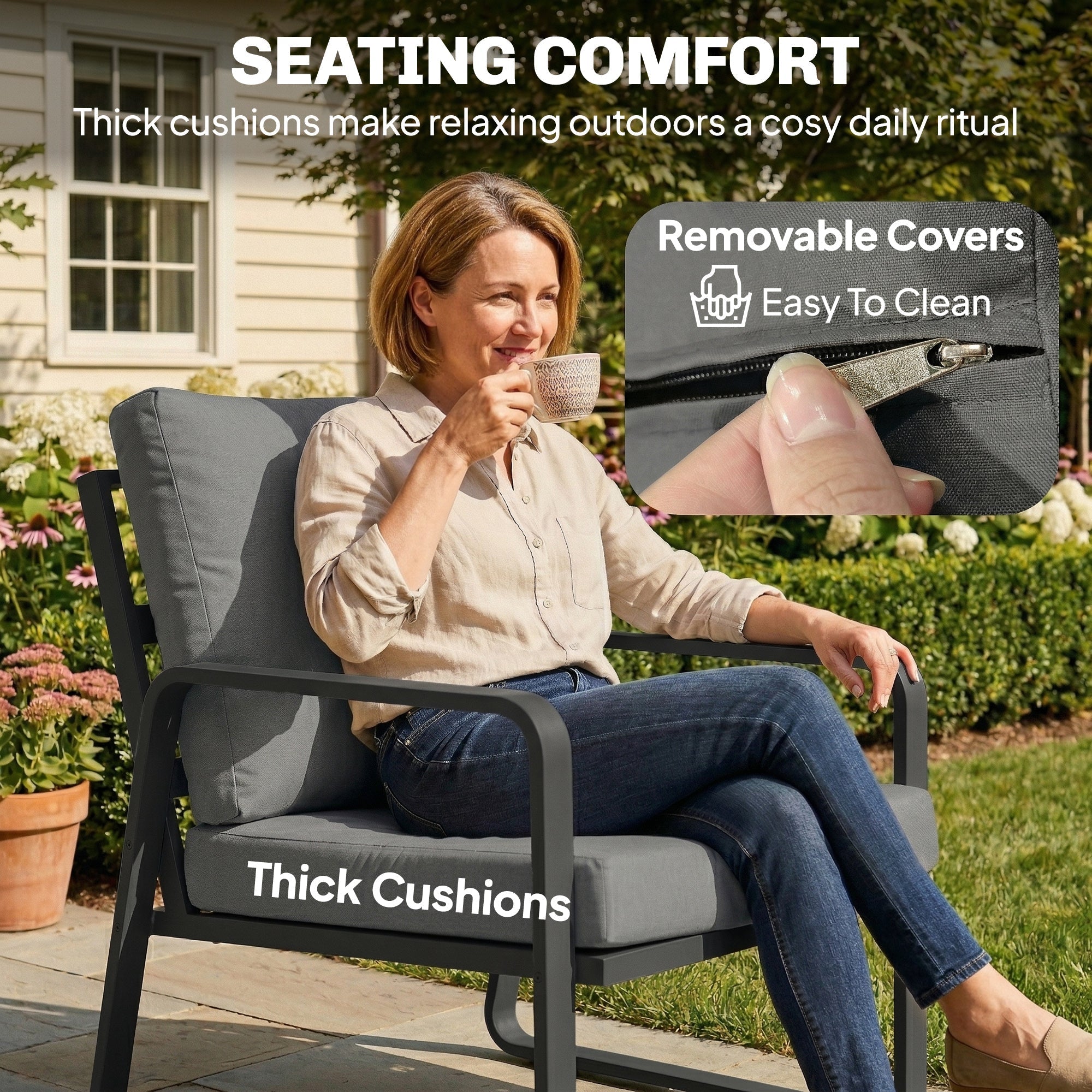 Gray outdoor armchair with thick cushions and removable covers in outsunny metal frame garden furniture sofa set