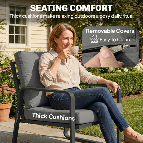 Gray outdoor armchair with thick cushions and removable covers in outsunny metal frame garden furniture sofa set