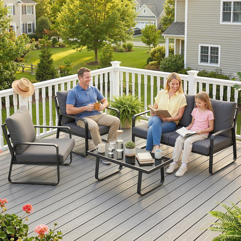 Outsunny 4 piece garden furniture set with black metal frame sofa set, gray cushioned seating, and glass-top coffee table