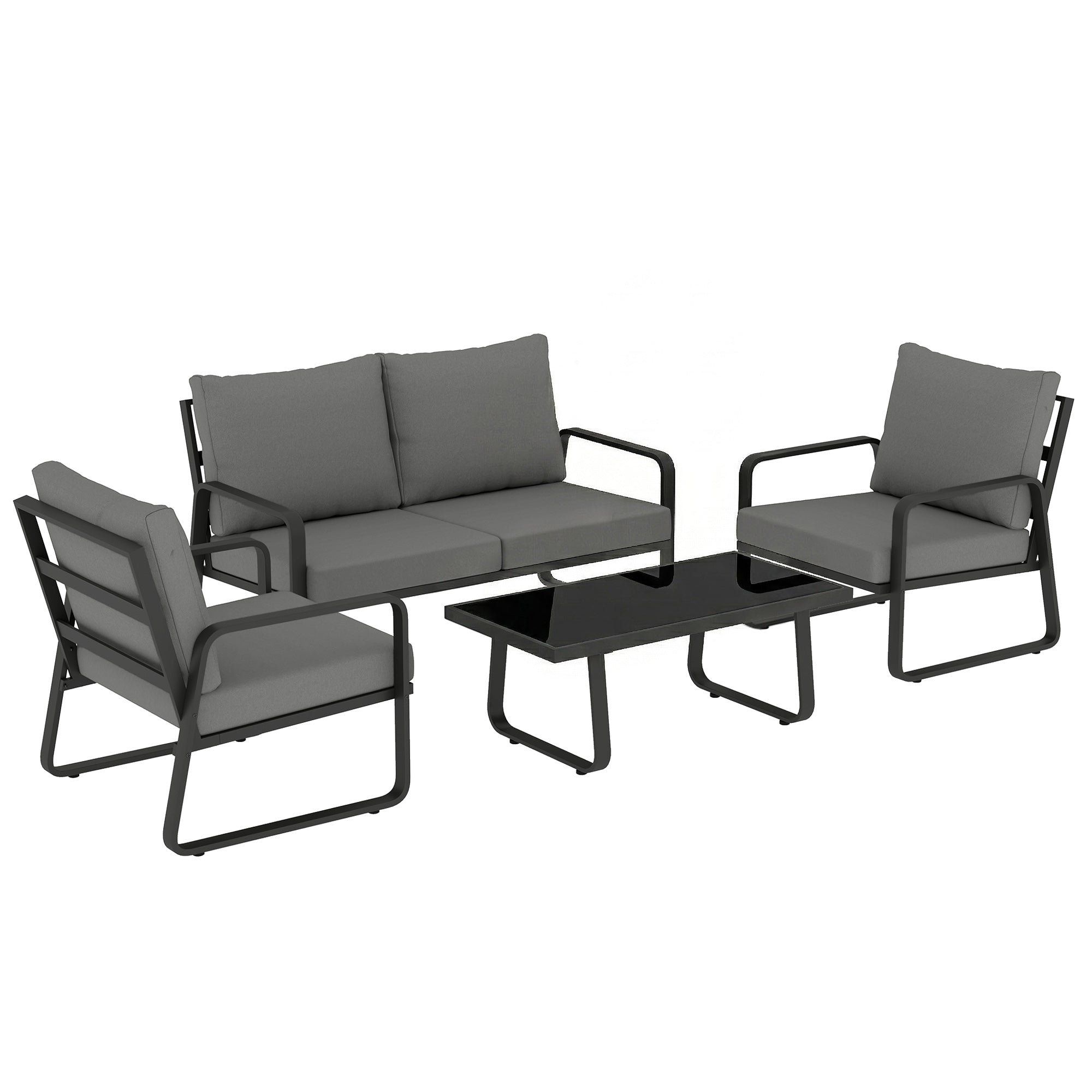 Outsunny 4 piece garden furniture set with black metal frame sofa set and gray fabric cushions with glass coffee table