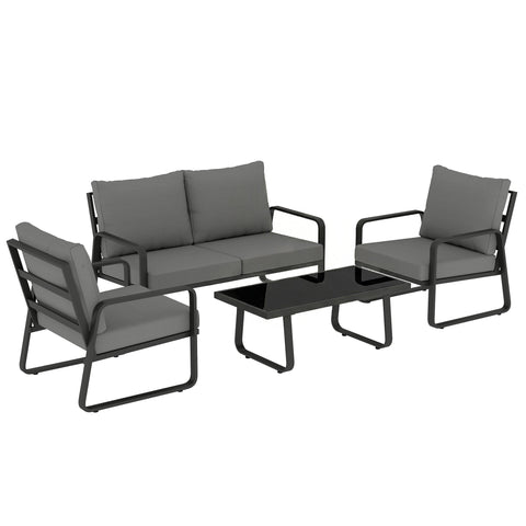 Outsunny 4 piece garden furniture set with black metal frame sofa set and gray fabric cushions with glass coffee table