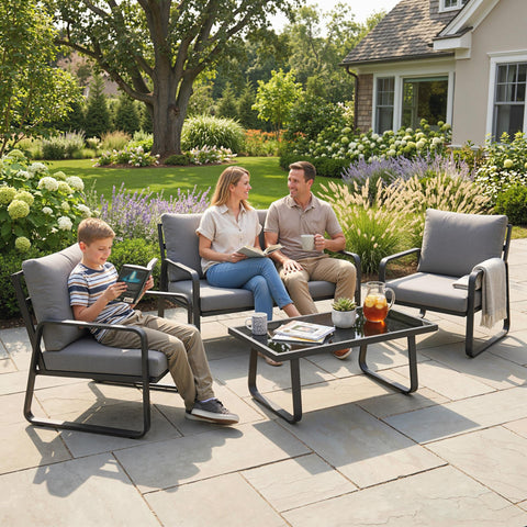 Outsunny gray cushioned sofa set with black metal frame including loveseat armchairs and coffee table for garden furniture