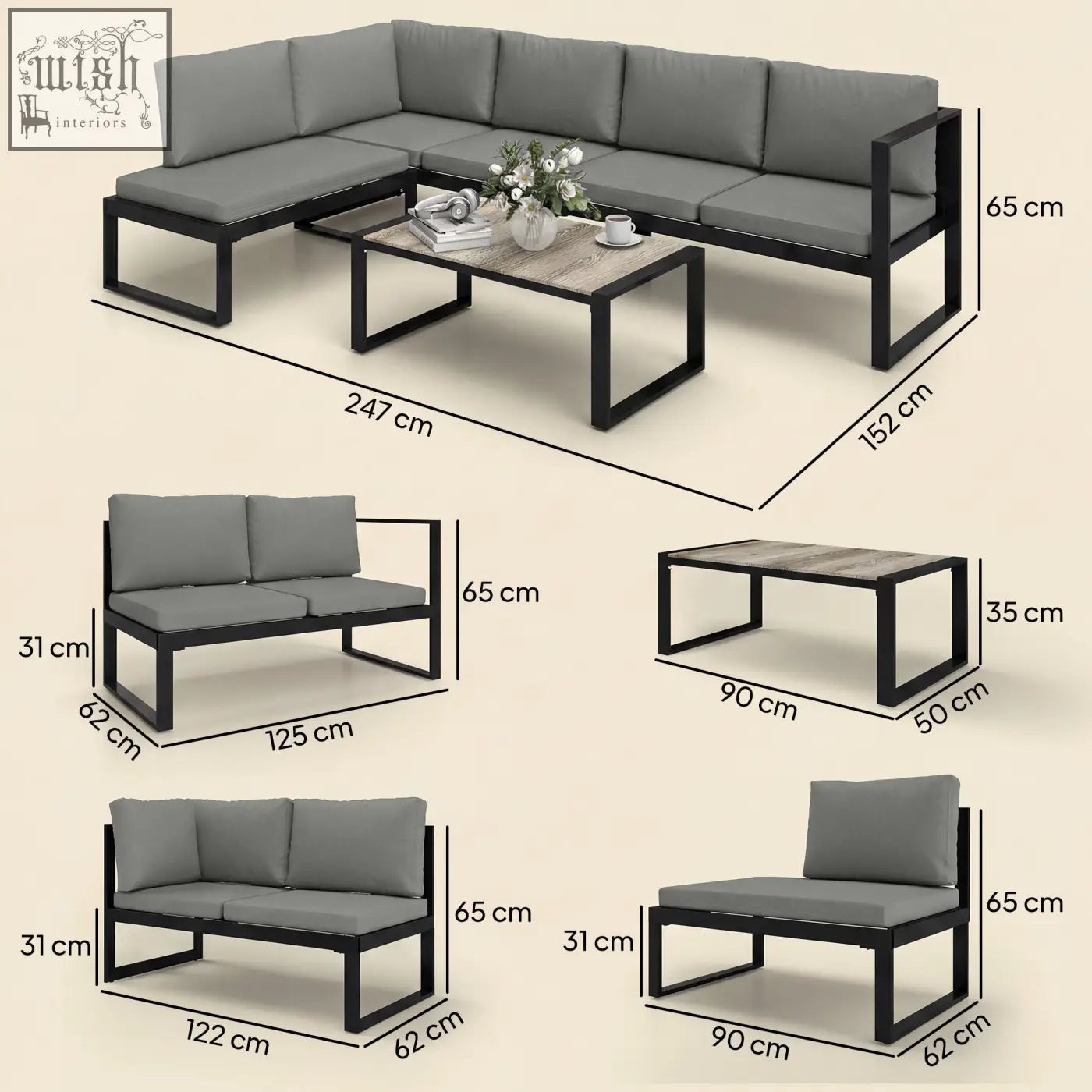 Modern gray garden sofa set with powder-coated steel frame and matching coffee table for balcony outdoor use