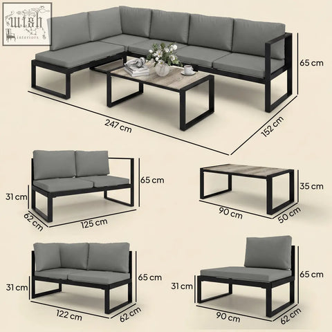 Modern gray garden sofa set with powder-coated steel frame and matching coffee table for balcony outdoor use