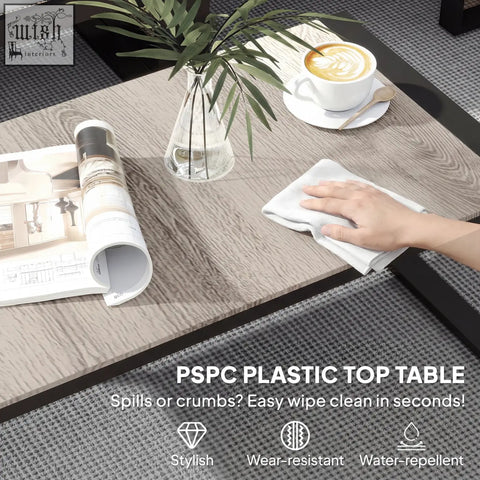 Gray wood grain textured plastic coffee table top with powder-coated steel frame in outsunny garden sofa set