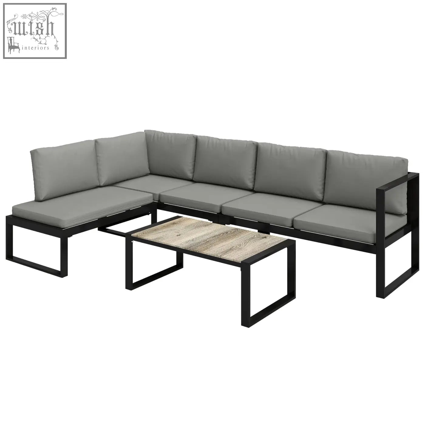 Modern black metal outdoor sectional garden sofa set with gray cushions and matching coffee table with weathered wood top