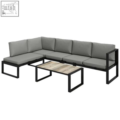 Modern black metal outdoor sectional garden sofa set with gray cushions and matching coffee table with weathered wood top