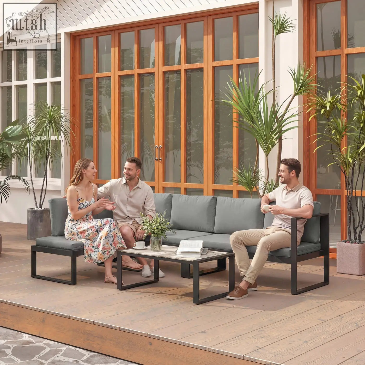 Modern outdoor garden sofa set with dark gray cushions and powder-coated steel frame includes coffee table for balcony