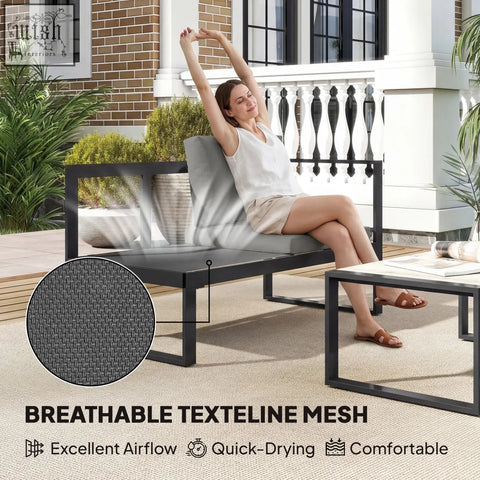Black outdoor lounge chair with breathable texteline mesh and powder-coated steel frame from outsunny garden sofa set with coffee table