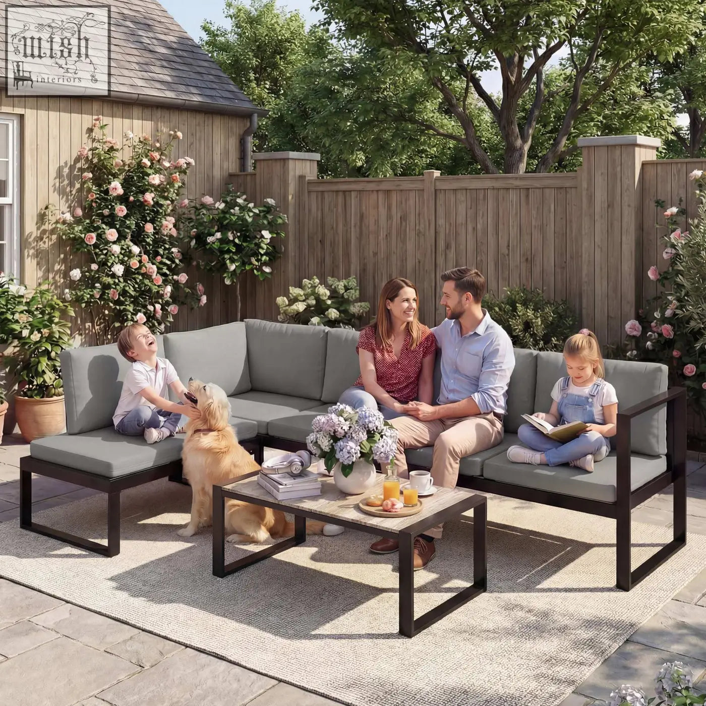 Gray outdoor garden sofa set with powder-coated steel frame and matching coffee table for balcony use