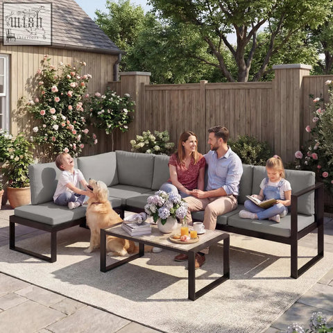 Gray outdoor garden sofa set with powder-coated steel frame and matching coffee table for balcony use