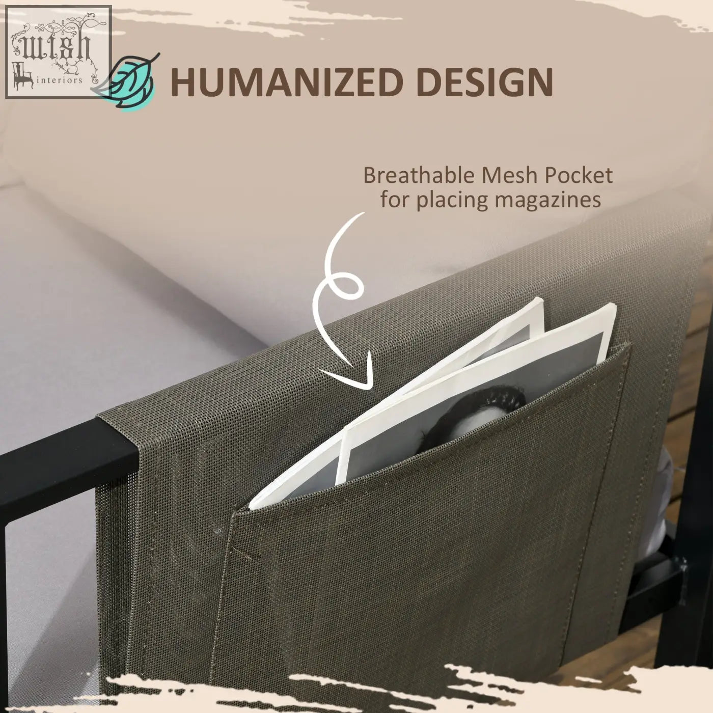 Gray breathable mesh pocket with black frame for magazines on outdoorsunny light grey corner sofa with tempered glass table