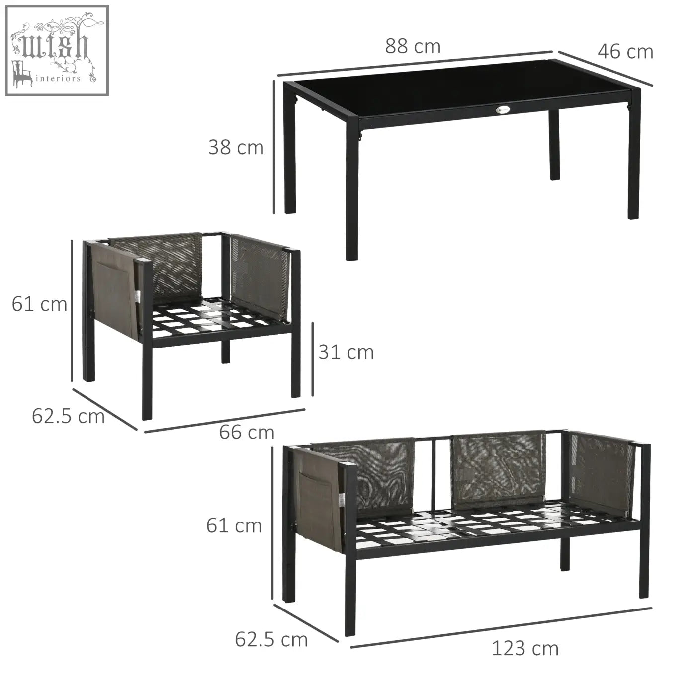 Outsunny 4 piece black metal garden furniture set with light grey two-seater sofa, armchair, and tempered glass coffee table