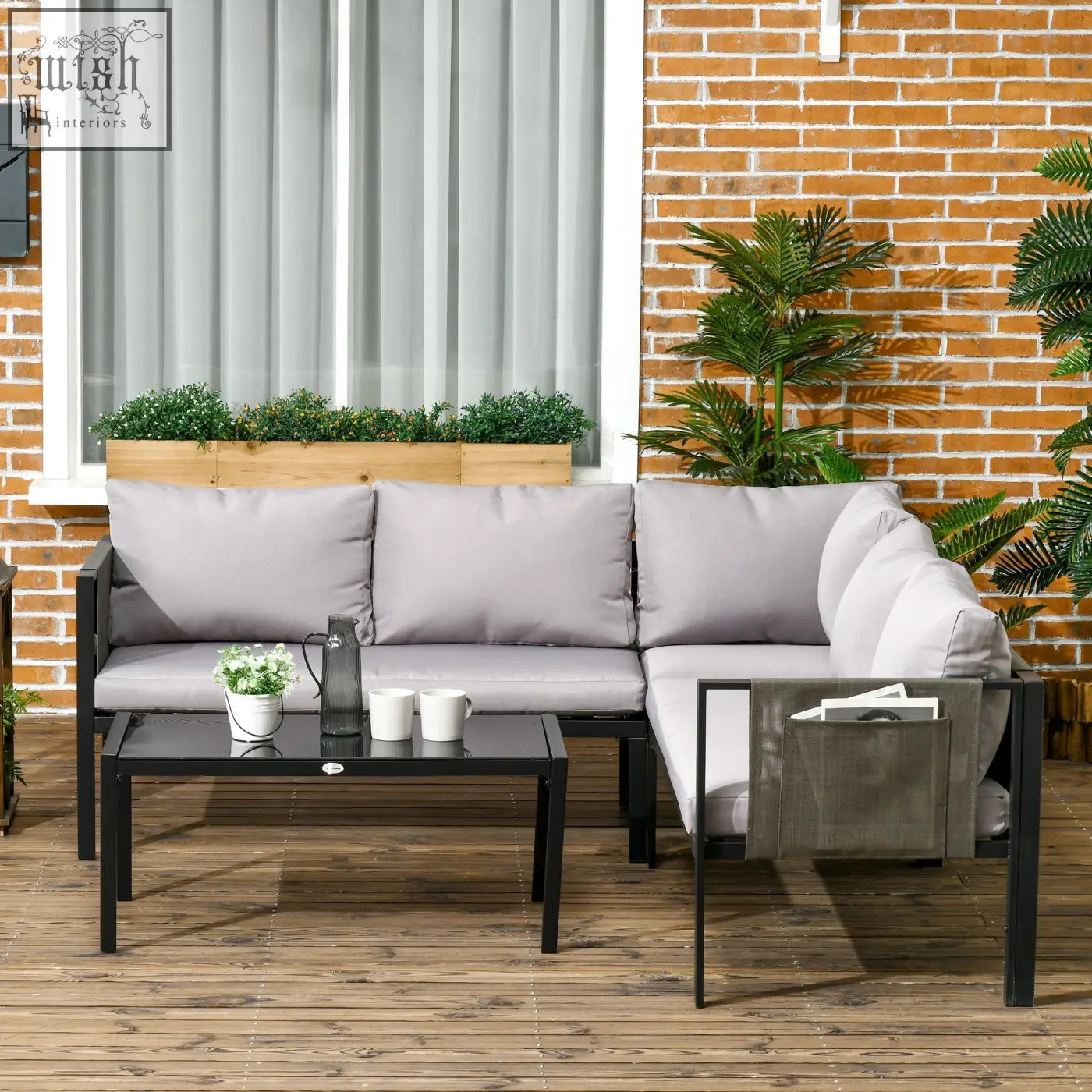 Modern gray outdoor corner sofa with breathable mesh cushions and tempered glass coffee table by outsunny