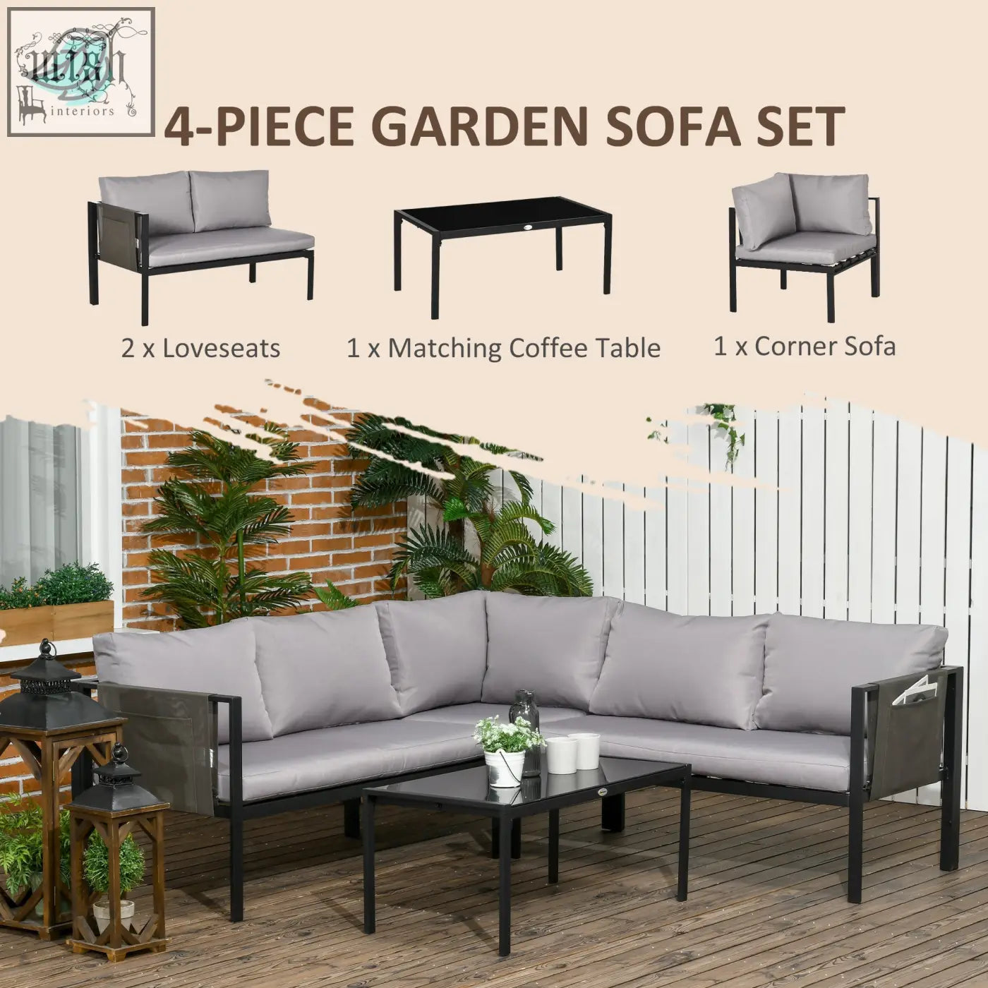 Outsunny 4 piece metal garden furniture set with light grey corner sofa, breathable mesh pockets, and tempered glass table