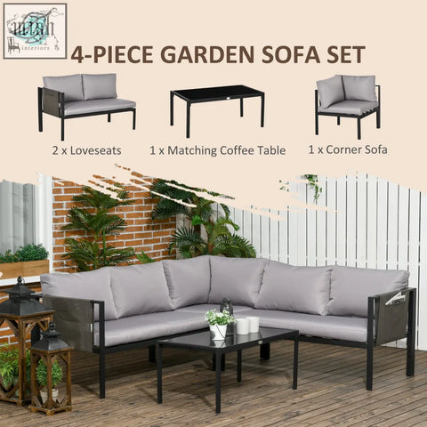 Outsunny 4 piece metal garden furniture set with light grey corner sofa, breathable mesh pockets, and tempered glass table